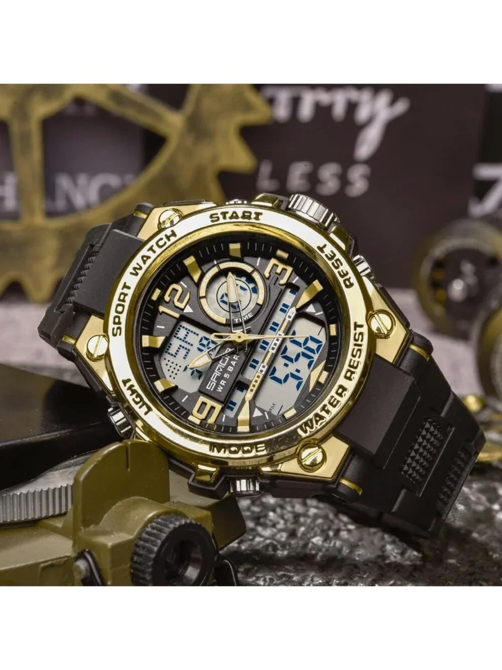 Men's Black And Gold Analog Quartz Sports Waterproof Military LED Digital Watch